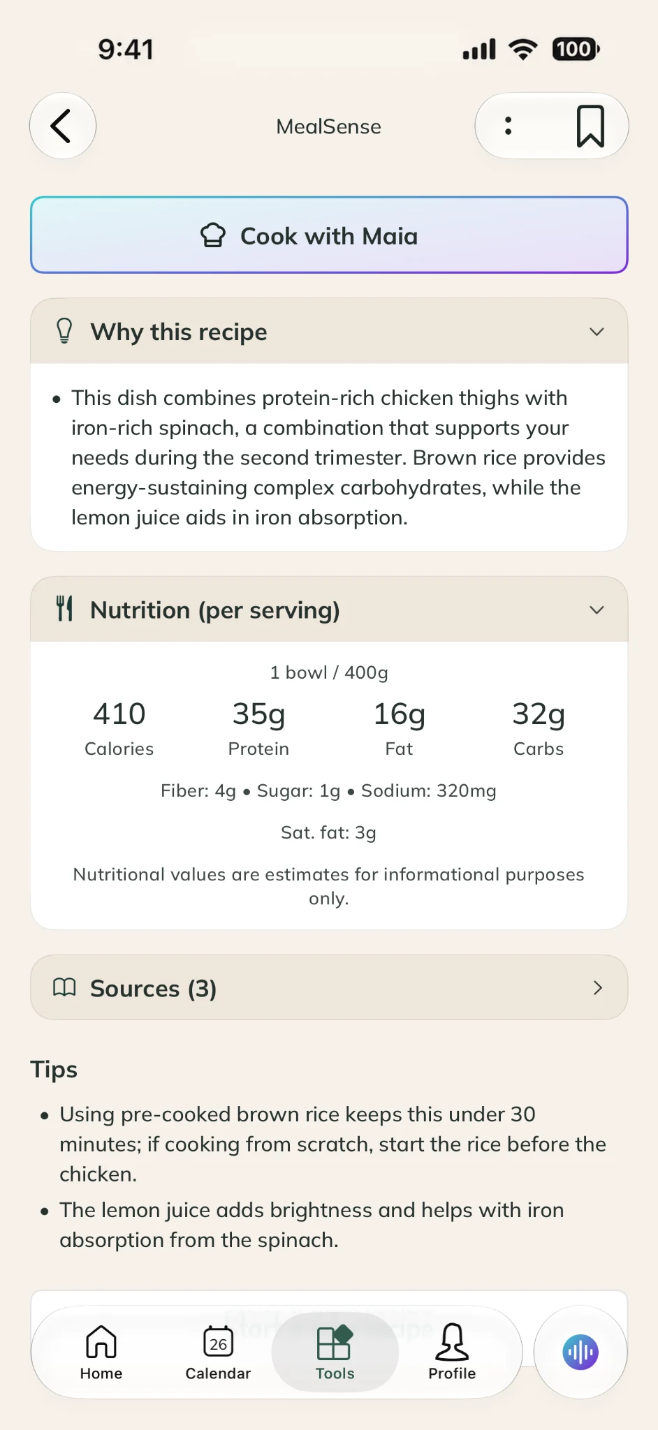 MealSense recipe explanation and per-serving nutrition estimates.