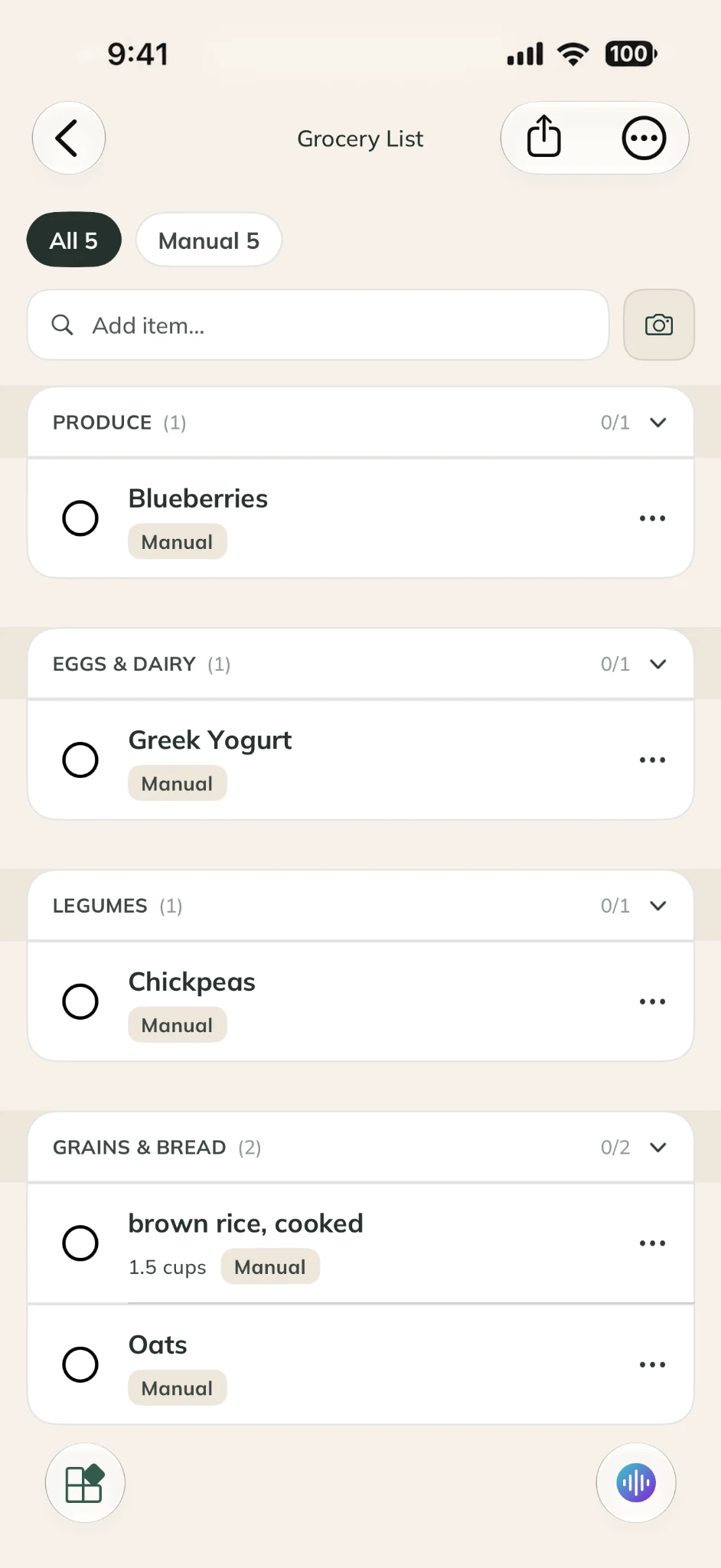 MealSense grocery list grouping blueberries, Greek yogurt, chickpeas, brown rice, and oats by category.