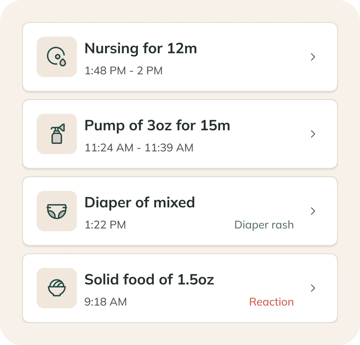 Example Baby Tracker activity records for nursing, pumping, a diaper change, and solid food, with times and notes.