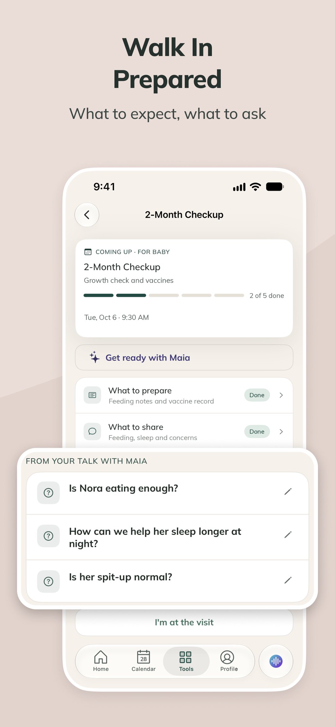 VisitPrep checklist in ProMom for a baby's 2-month checkup, with questions from a conversation with Maia
