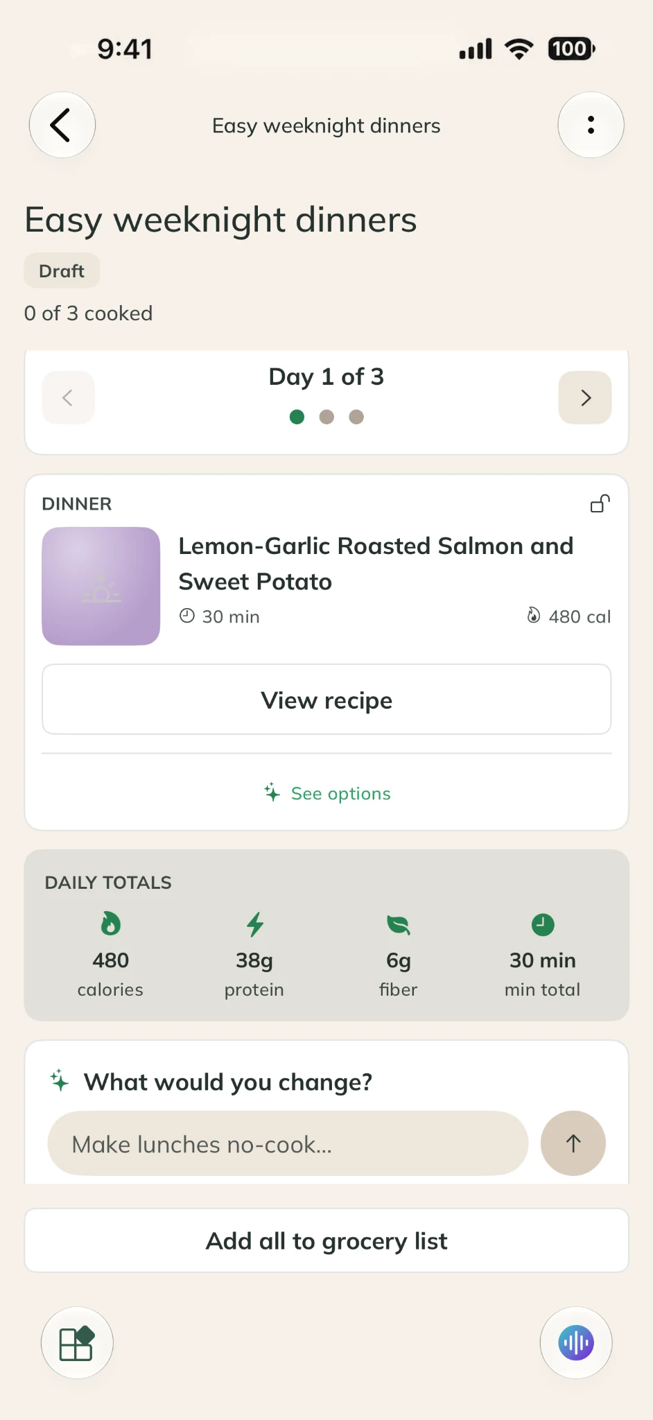A three-day MealSense dinner plan with a salmon meal and options to adjust the plan.