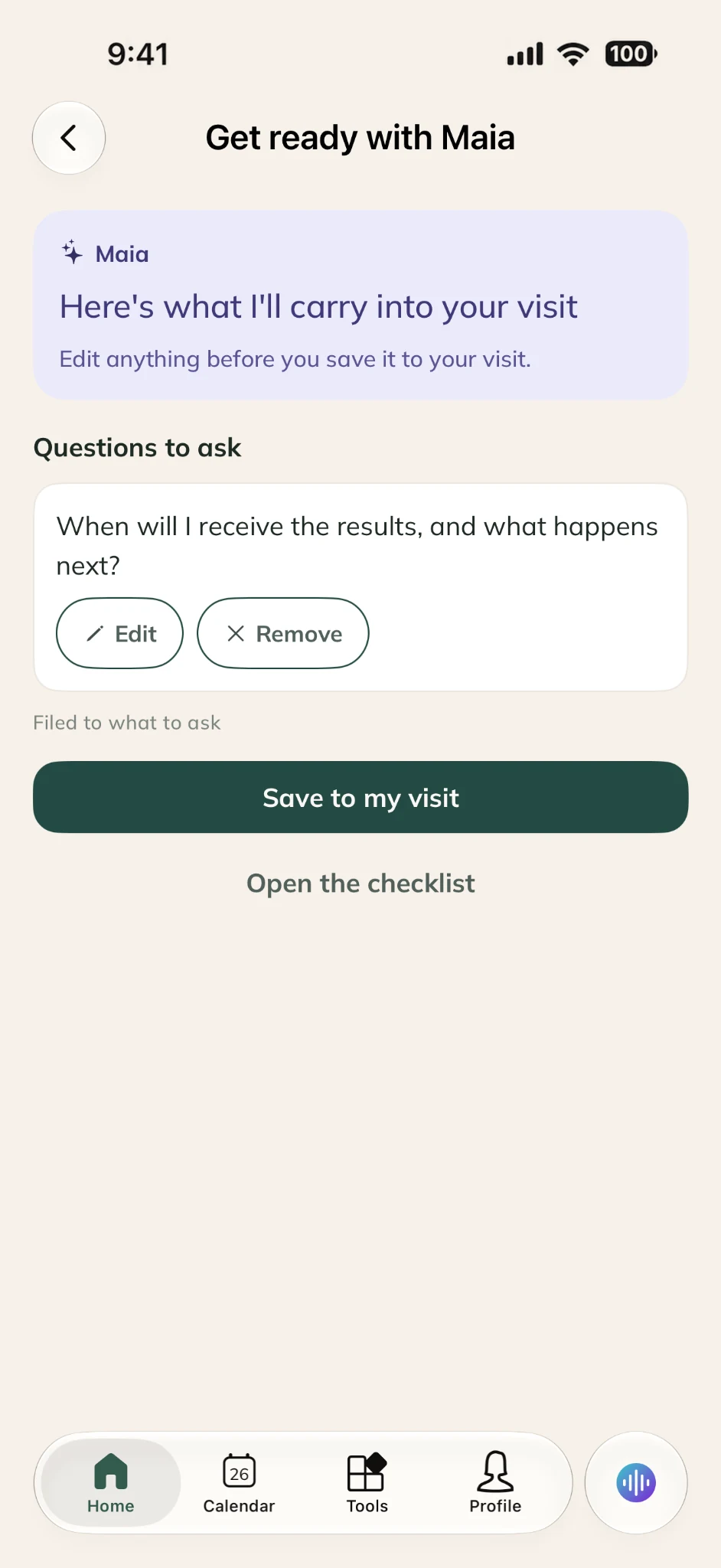 A suggested visit question ready to review and save in VisitPrep.