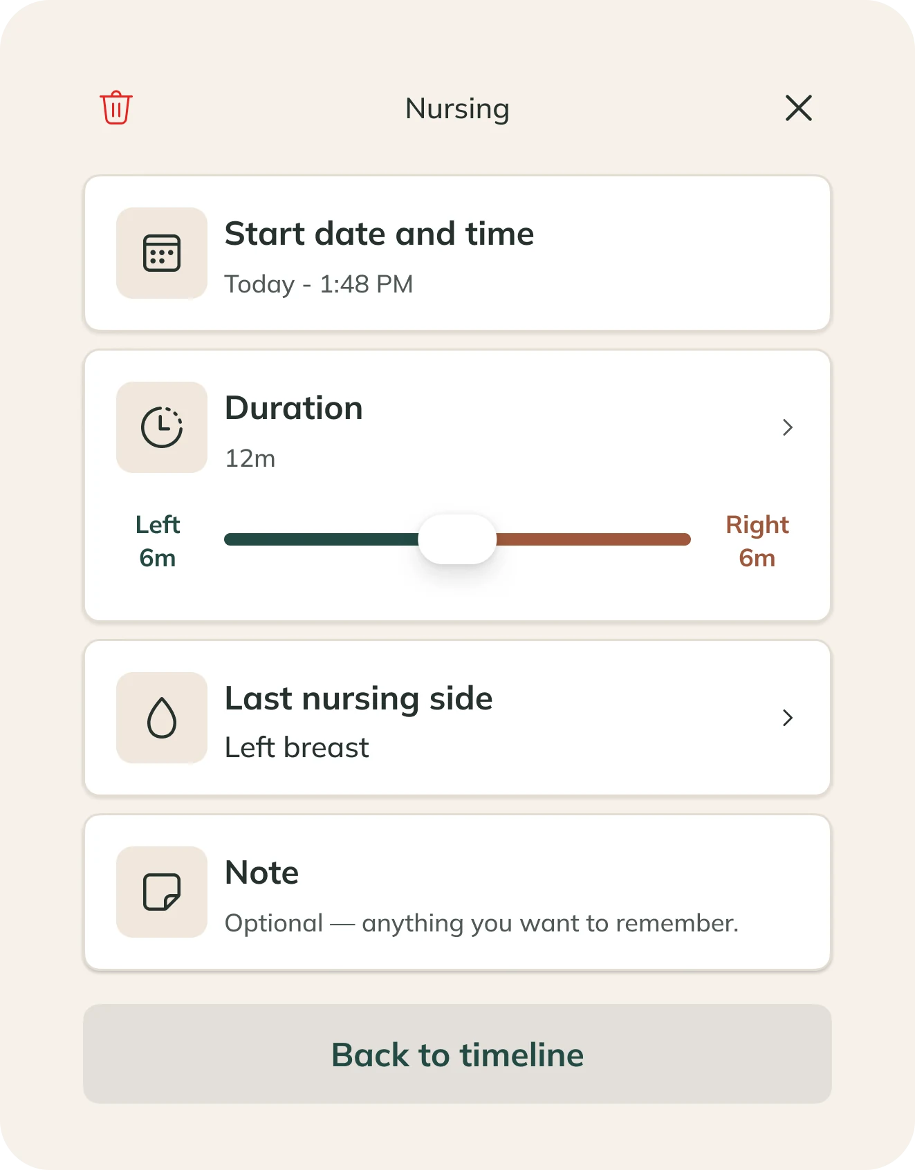 Example nursing record showing a 12-minute session, time on each side, the last nursing side, and an optional note.