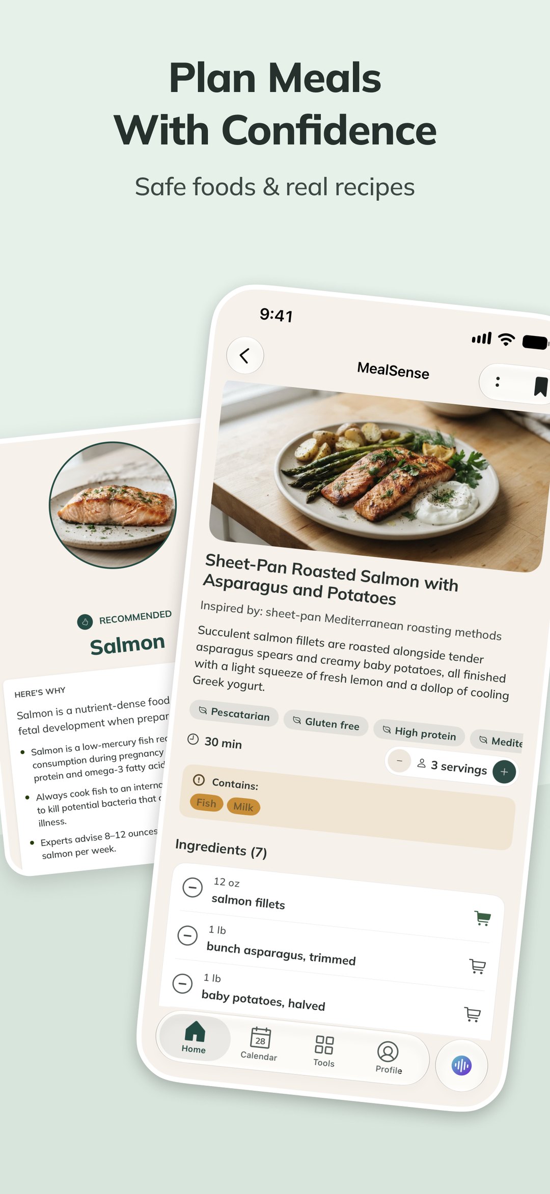 MealSense recipe in ProMom for sheet-pan roasted salmon, with a BellySafe note on salmon