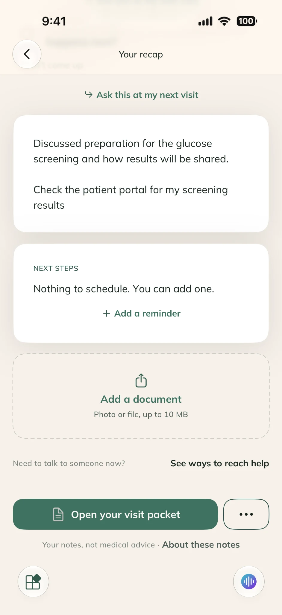 VisitPrep recap with saved notes and follow-up text.