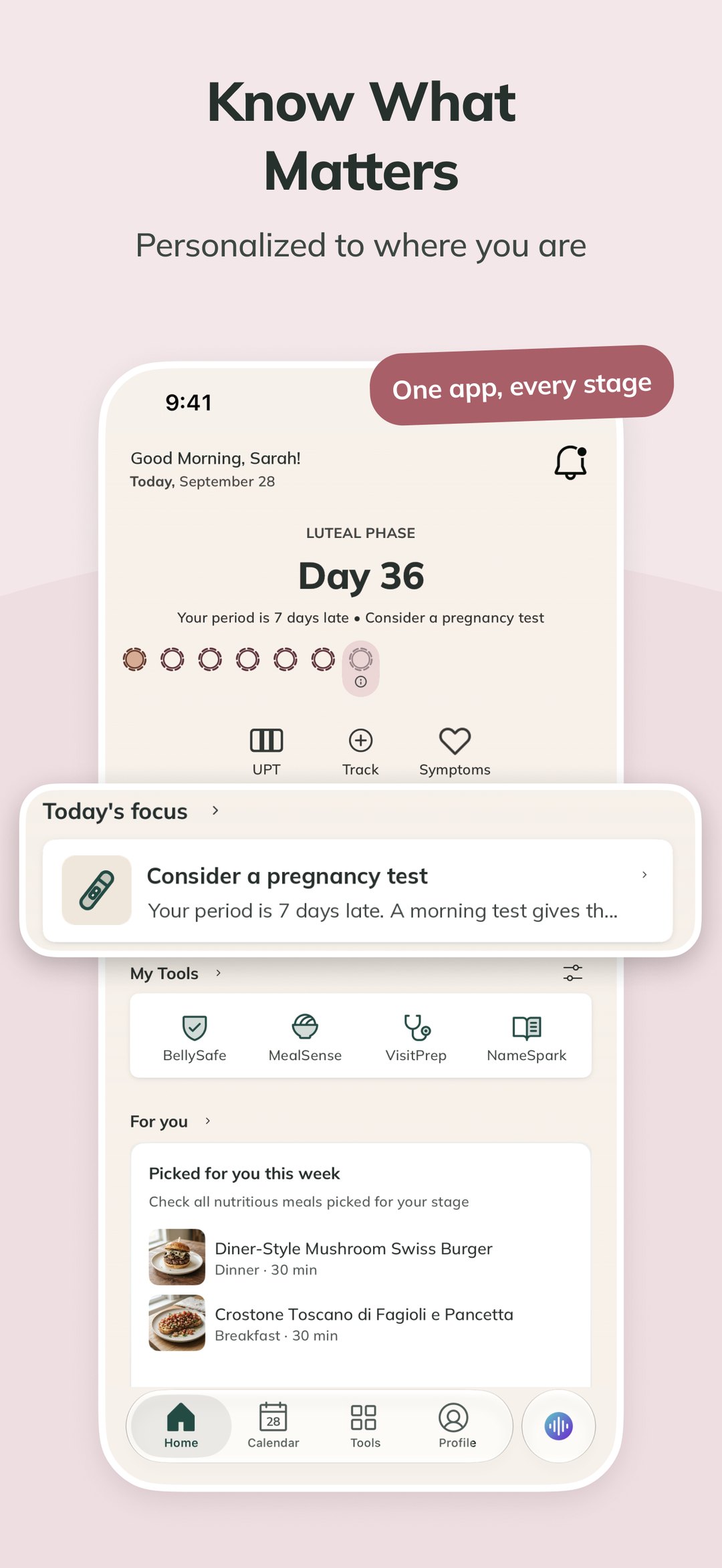 ProMom dashboard on iPhone showing Today's Focus, My Tools, and For You meal picks