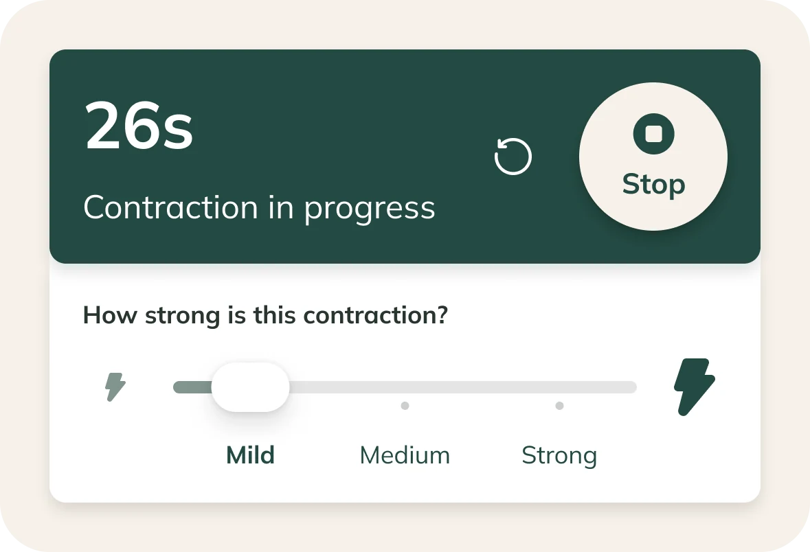 Example contraction timer showing 26 seconds in progress, a Stop control, and Mild, Medium, and Strong intensity options.
