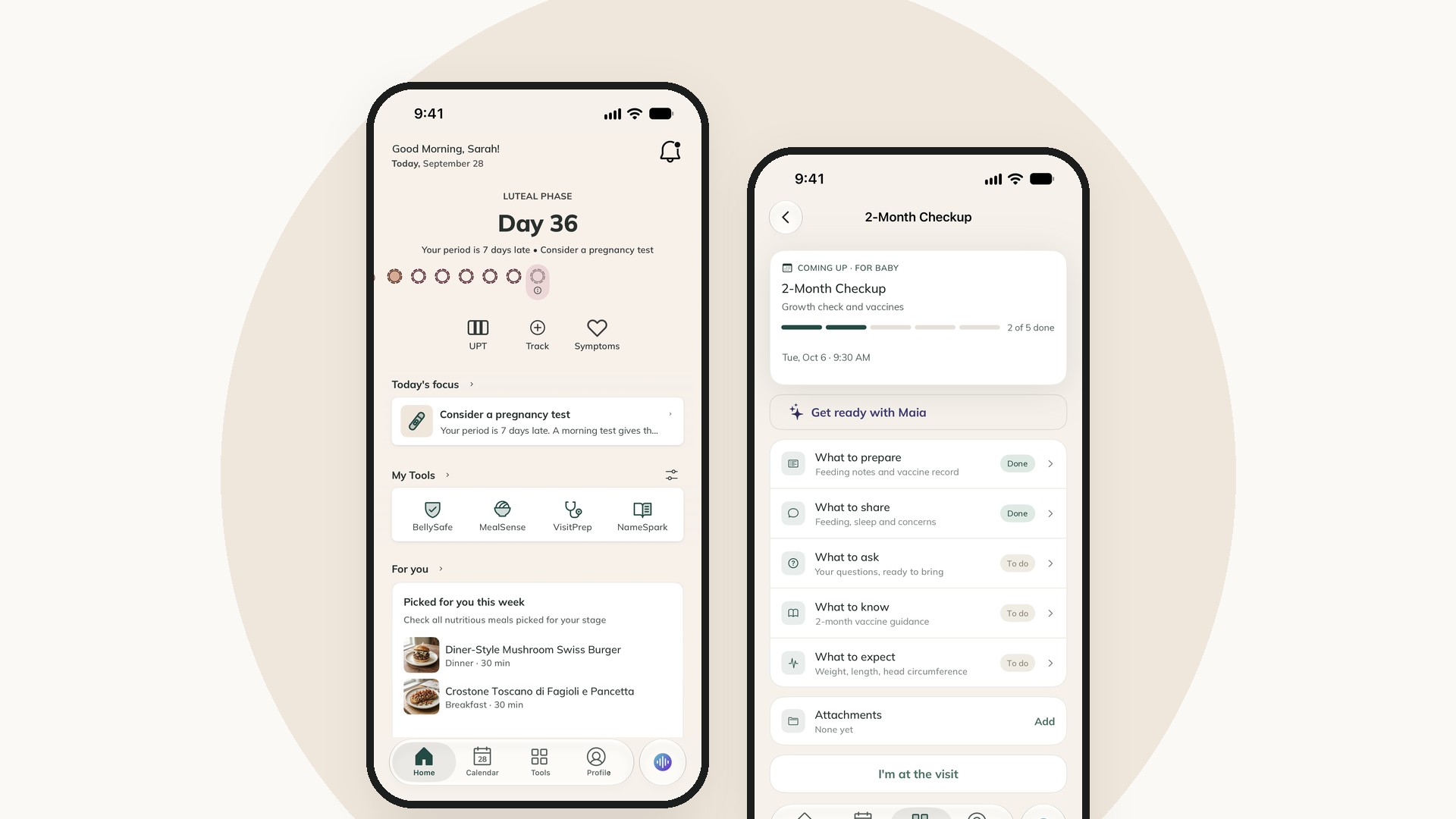 Two iPhone screens from the new ProMom app: the dashboard with Today's Focus, and a VisitPrep checklist for a 2-month checkup