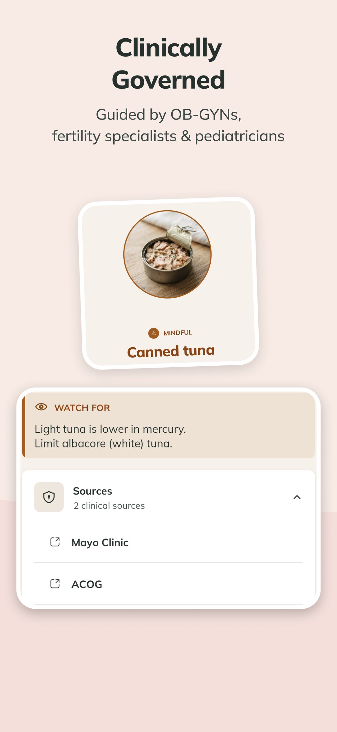Maia answer in ProMom about canned tuna, showing its clinical sources, Mayo Clinic and ACOG