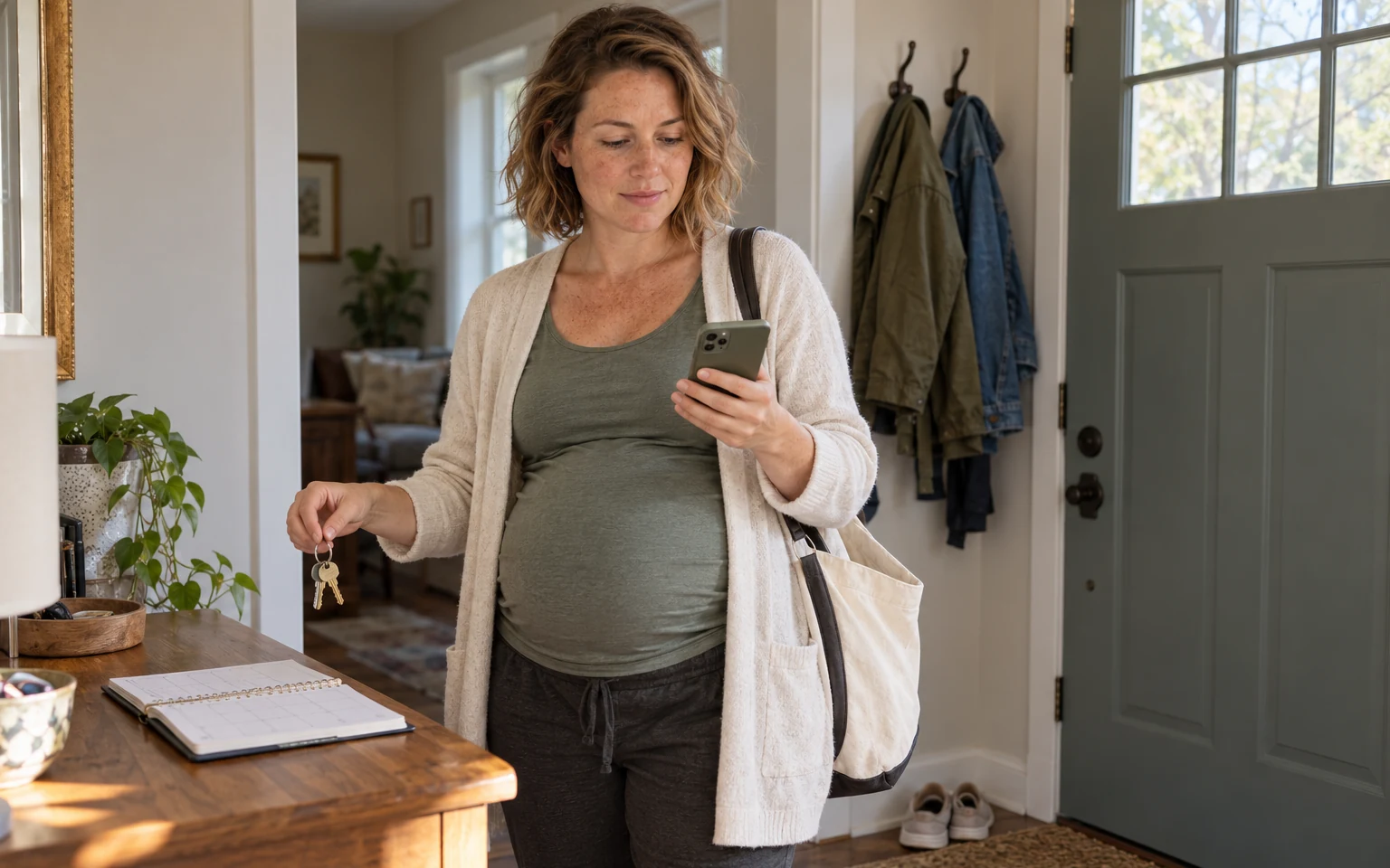 A pregnant woman checking her phone with keys in hand and a planner on the entry table.
