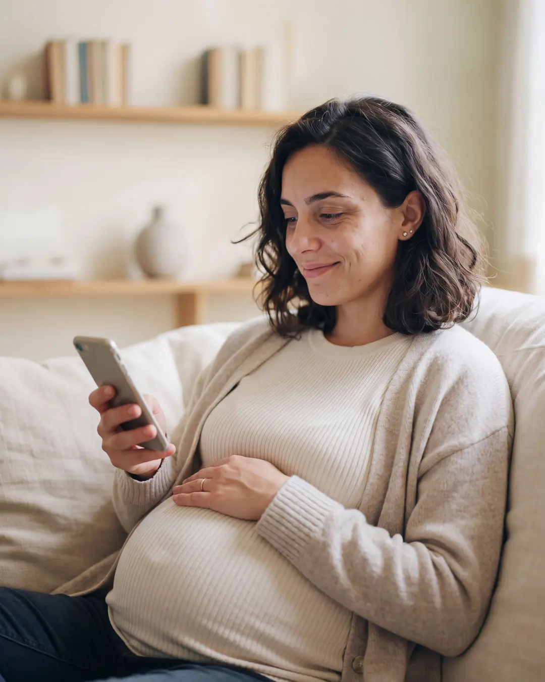 Pregnant woman on a sofa smiling at her phone, one hand resting on her belly.