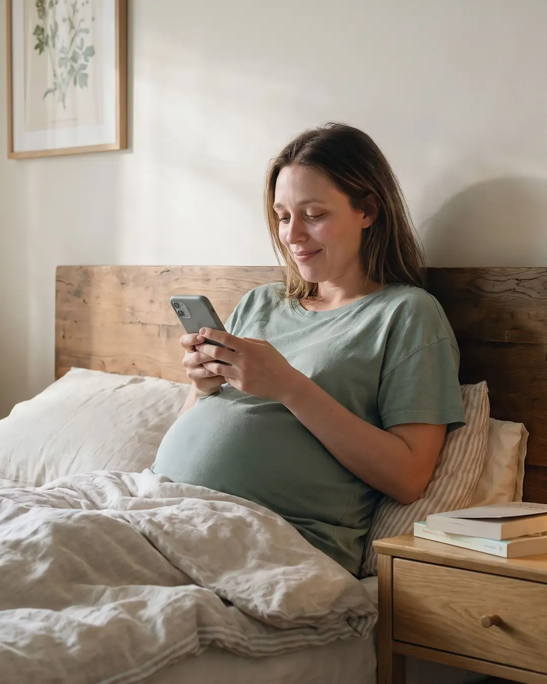 A pregnant woman sitting up in bed in the morning, reading her phone with a relieved smile
