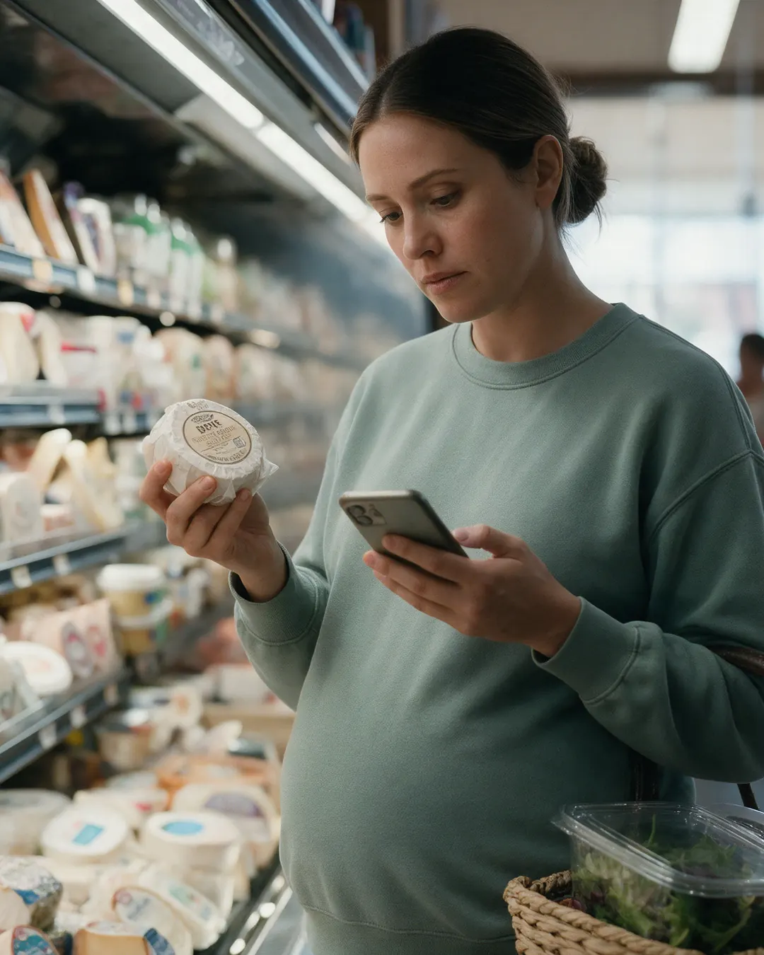 A pregnant woman at a grocery store cheese case, holding a round of brie and checking her phone