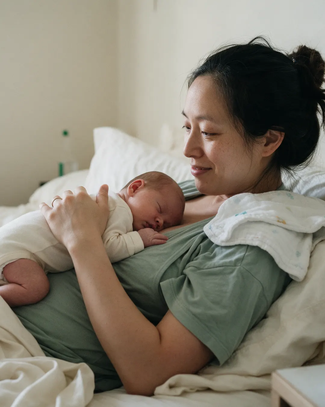 A new mother rests in bed with her sleeping newborn on her chest.
