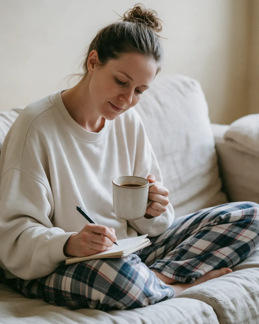 A woman writes in a planner on her sofa with a cup of coffee.