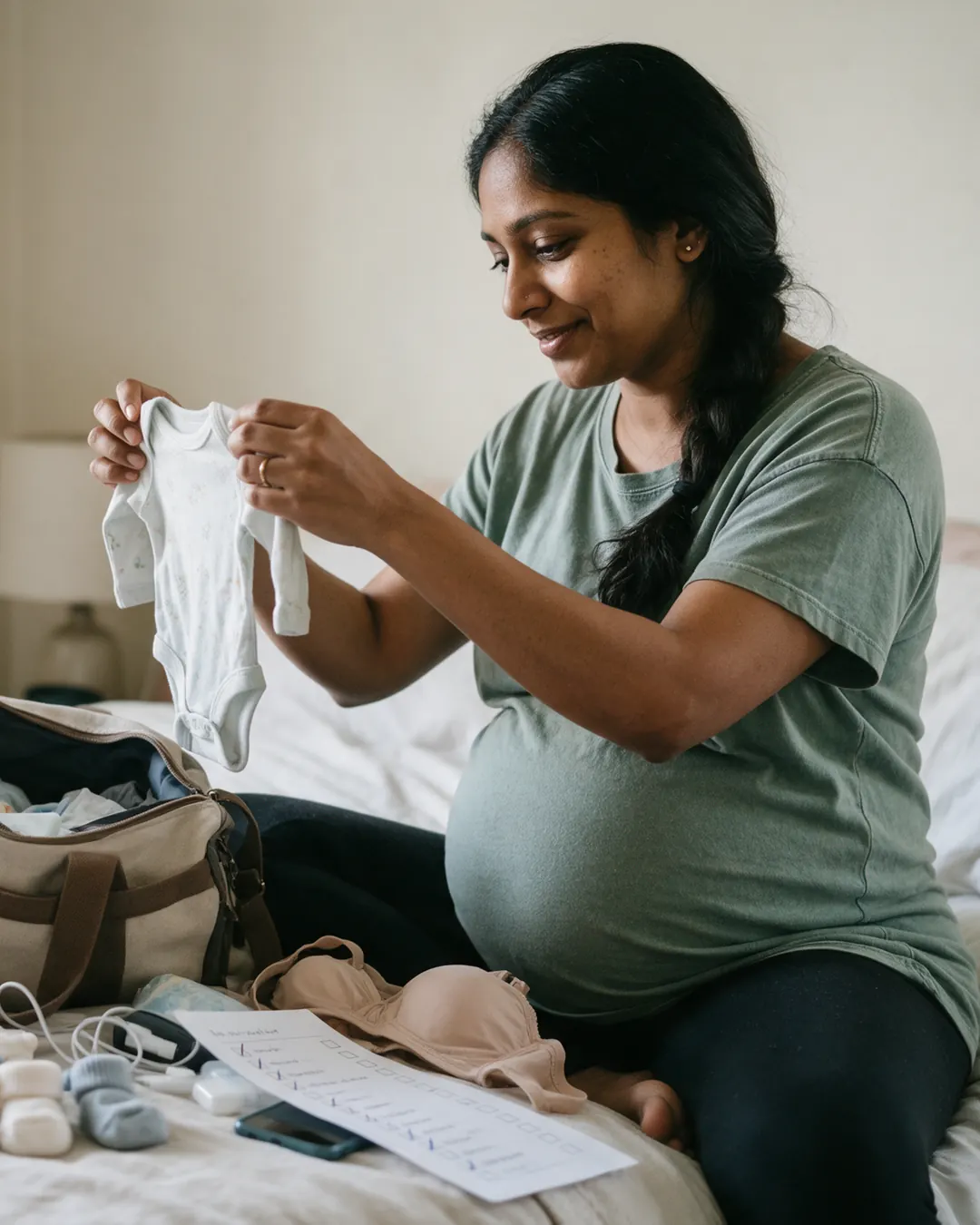 A pregnant woman packs her hospital bag and holds up a tiny onesie.