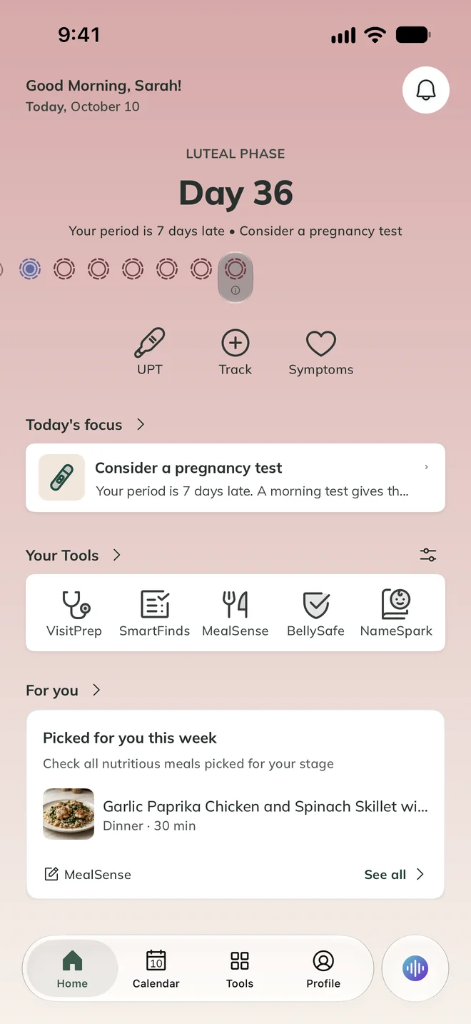 ProMom app screen: Trying to conceive home screen with today's focus.