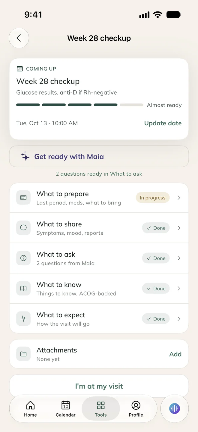 ProMom app screen: VisitPrep checklist for a 28 week checkup.