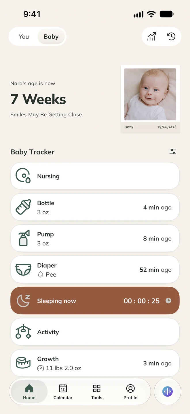 ProMom app screen: Baby Tracker home with feeding, sleep and diaper logs.