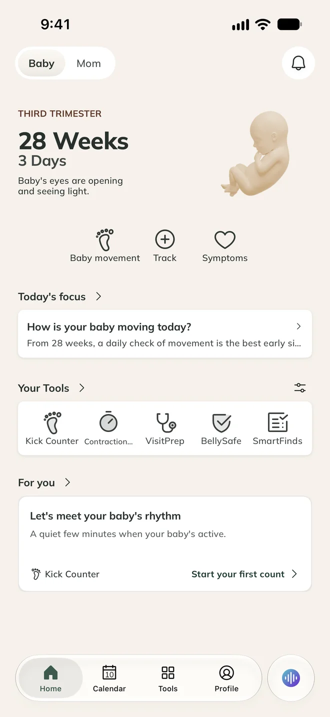ProMom app screen: Pregnancy home screen at 28 weeks 3 days.