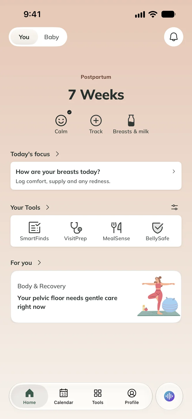 ProMom app screen: Postpartum home screen at 7 weeks.