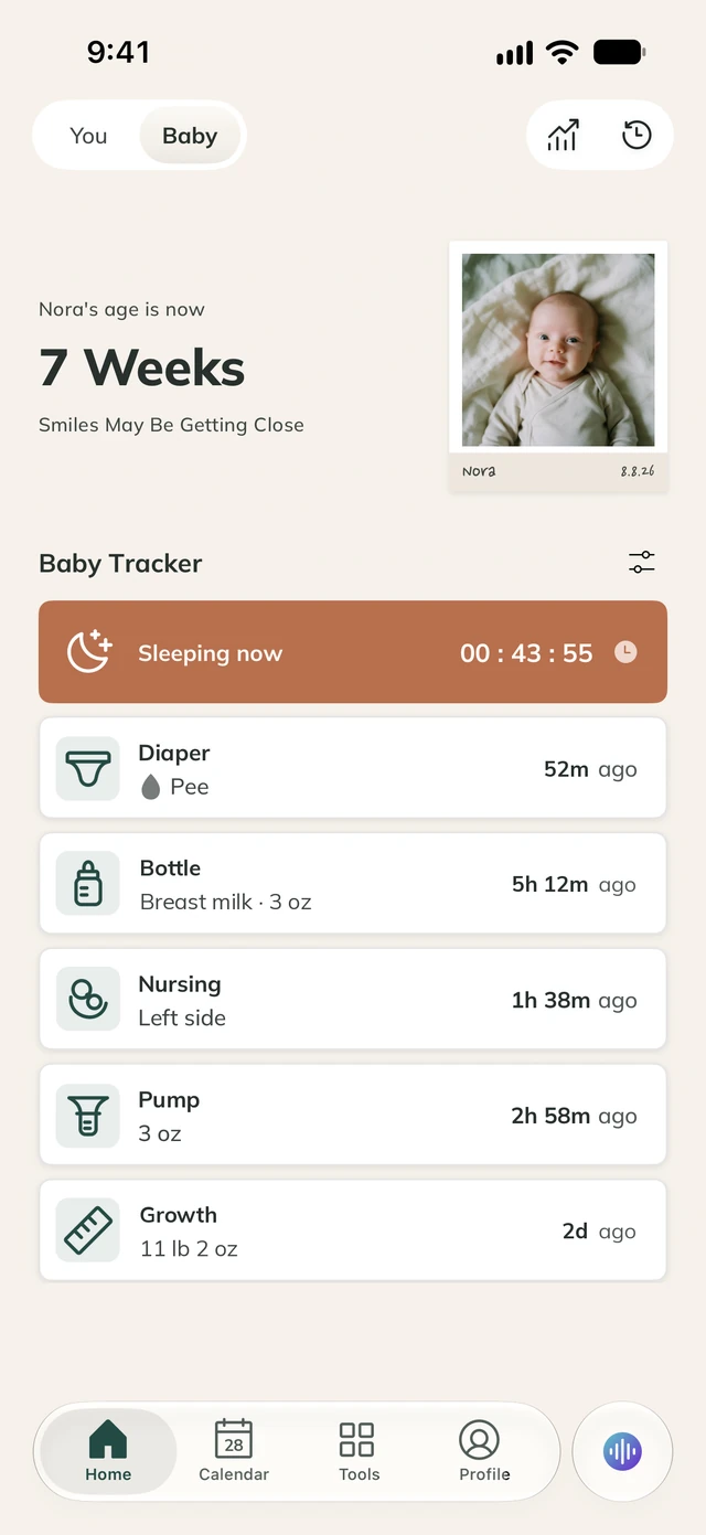 ProMom Baby Tracker showing a sleep timer and recent diaper, bottle, nursing, pumping and growth entries.