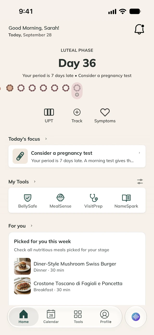 ProMom trying-to-conceive dashboard with cycle information, today's focus, and tools.