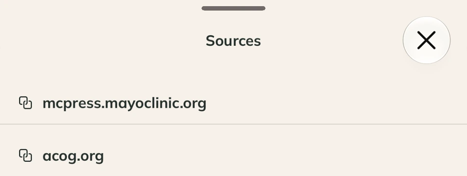 Sources panel listing mcpress.mayoclinic.org and acog.org.