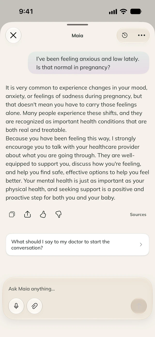 Example Maia conversation about anxiety in pregnancy, with an answer encouraging a conversation with a healthcare provider.