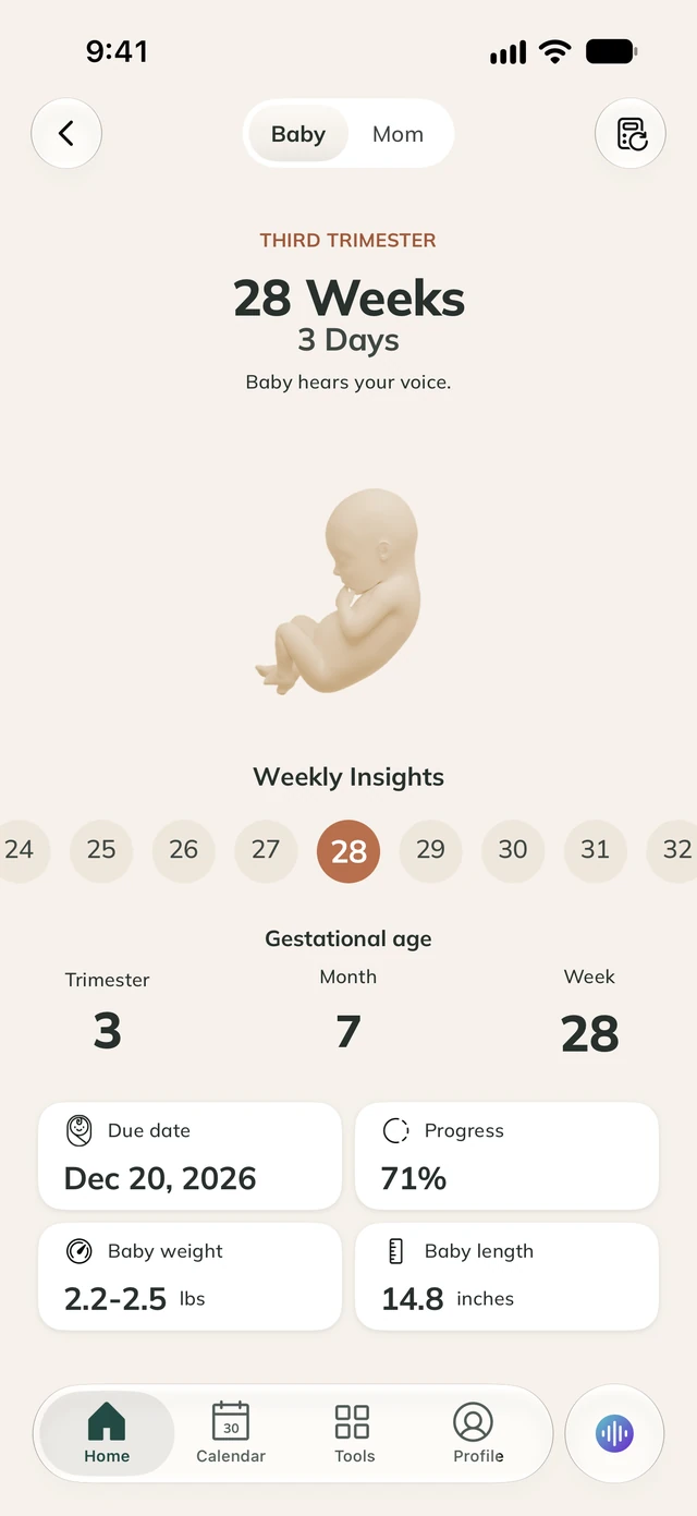 ProMom pregnancy view showing week 28, weekly insights, and development information.