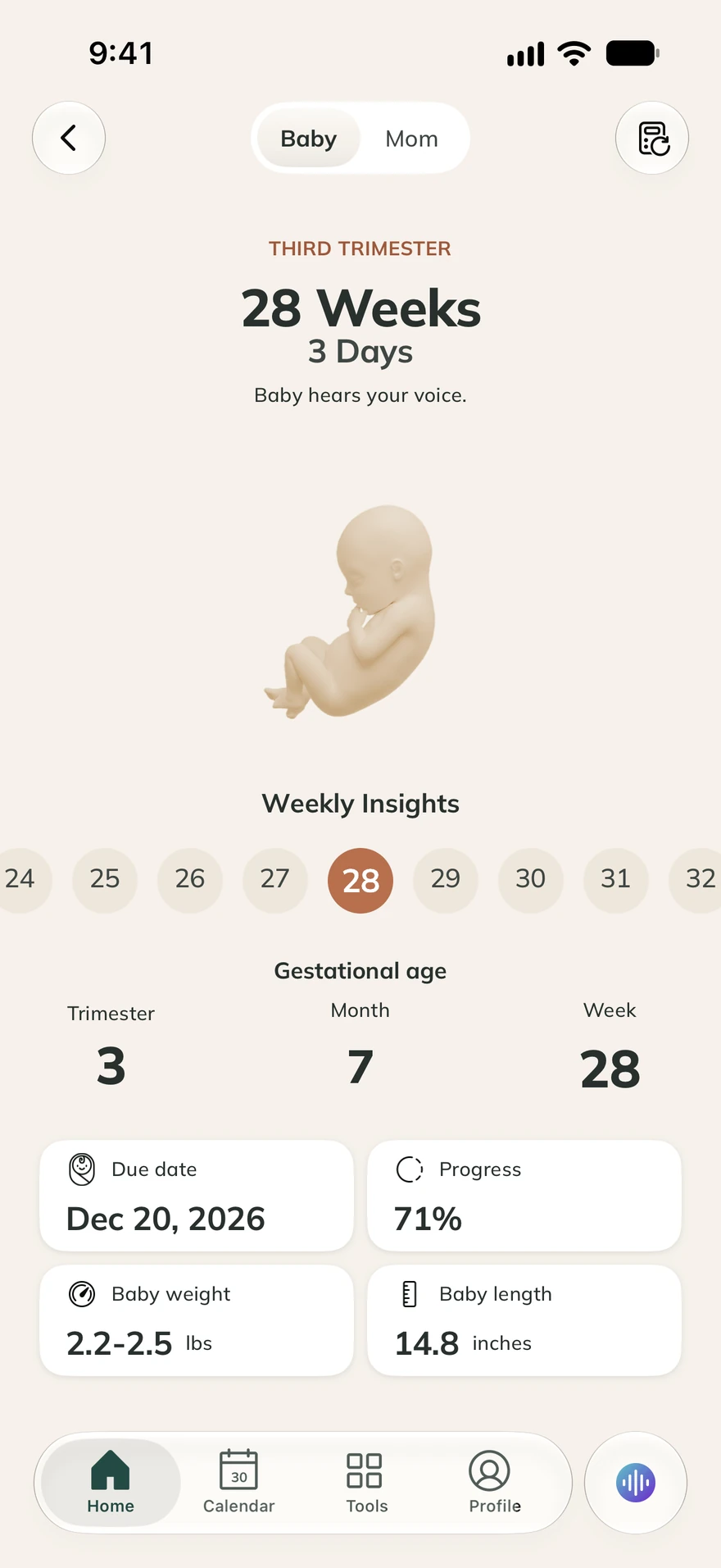 ProMom pregnancy view showing week 28, weekly insights, and development information.