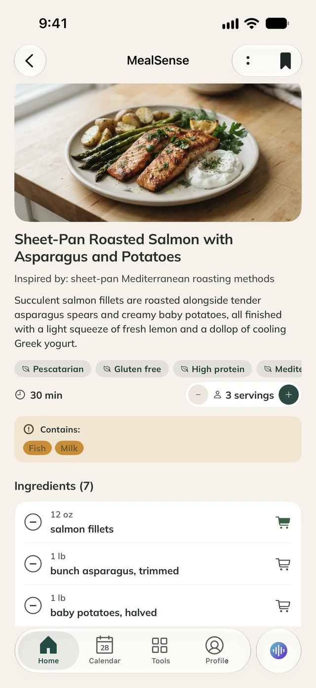 A MealSense recipe in ProMom.