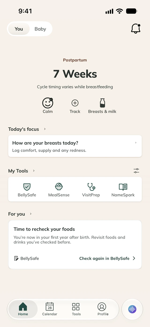 ProMom postpartum view with the mother's recovery and wellbeing logs.