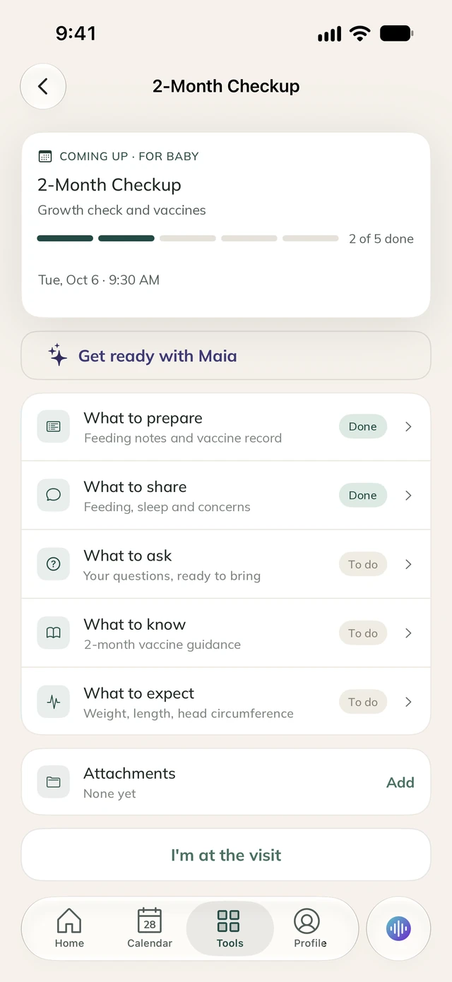 VisitPrep for a two-month appointment, with saved questions.