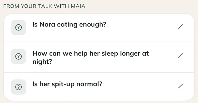 Three VisitPrep questions saved from a conversation with Maia.
